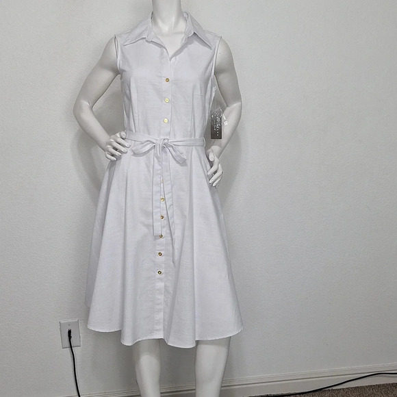 Sharagano NEW Optic White Preppy Coastal Tie Waist Button Front Midi Dress Sz. 6 - Picture 3 of 13